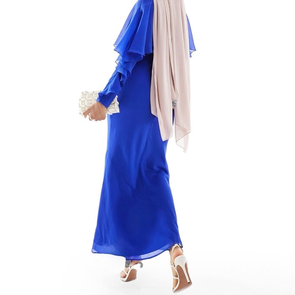 🆕NWT ASOS DESIGN modest dressy long sleeve ruffle bias maxi dress w/ cape detail - Picture 5 of 11